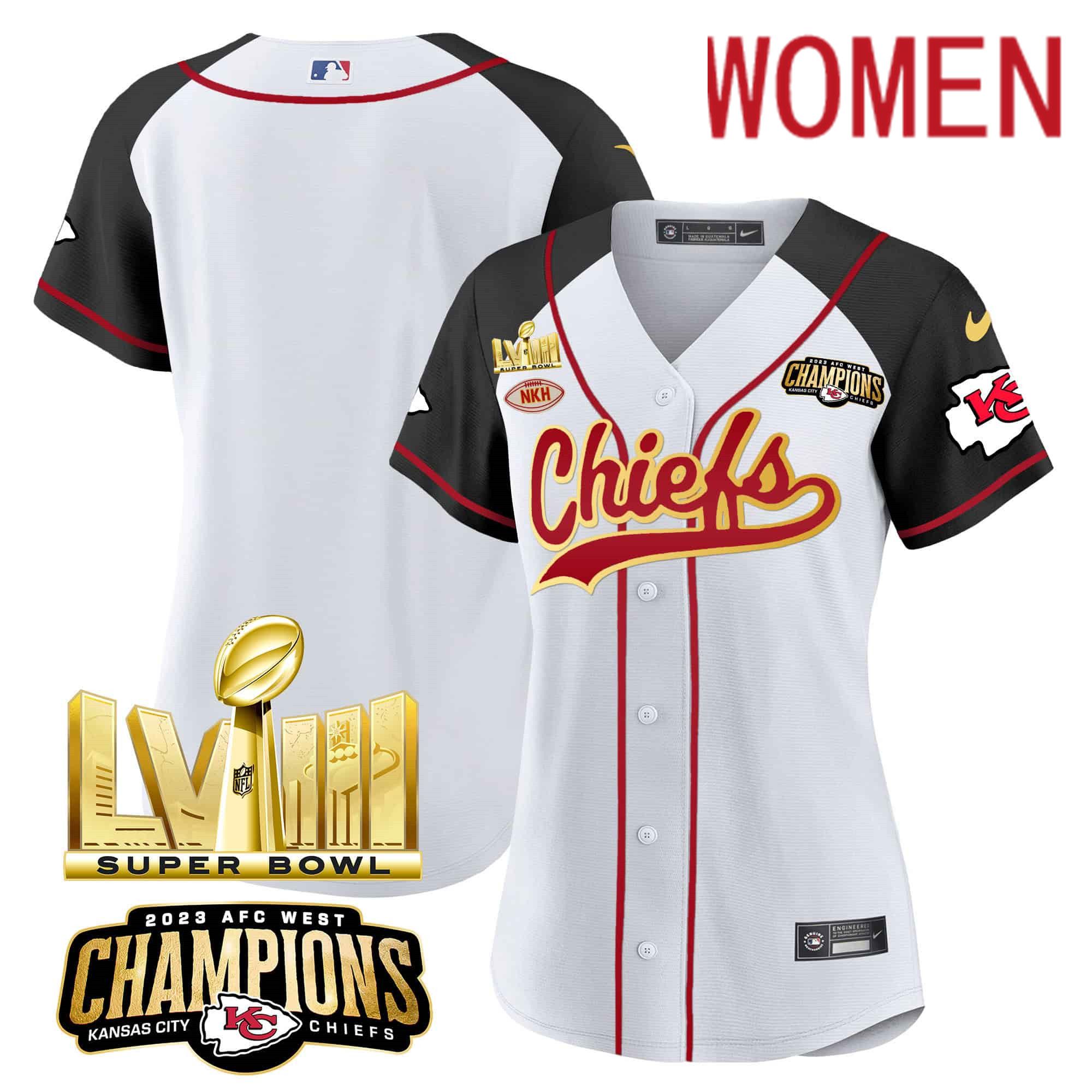 Women Kansas City Chiefs Blank White 2024 Nike Super Bowl LVIII Back-2-Back Gold Patch Baseball NFL Jersey style 1->customized nfl jersey->Custom Jersey